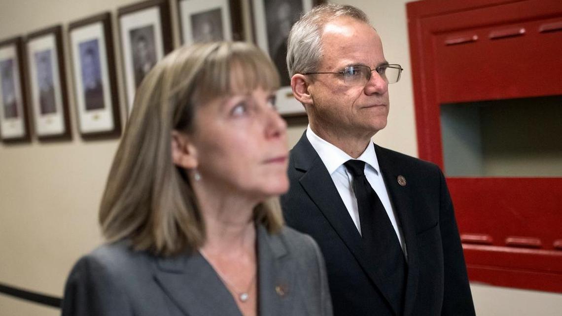 FILE PHOTO -- Deputy District Attorney John R. Mayne, right, and District Attorney Birgit Fladager walk toward a courtroom in the Stanislaus Superior Court in Modesto, Calif., on Tuesday, November 15, 2016. Mayne is challenging Fladager for her job in the Nov. 6, 2018, election.