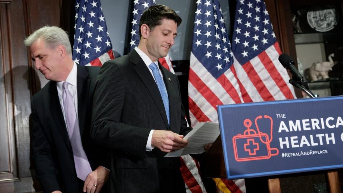 From left, House Majority Leader Kevin McCarthy, R-Bakersfield, and House Speaker Paul Ryan prepare to talk Wednesday about the American Health Care Act, their plan to replace the Affordable Care Act.