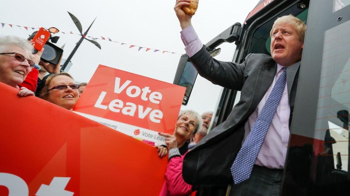 Boris Johnson, former mayor of London, shakes a Cornish Pasty as he campaigns for Great Britian to exit the EU. He resembles a certain American politician in this pose.
