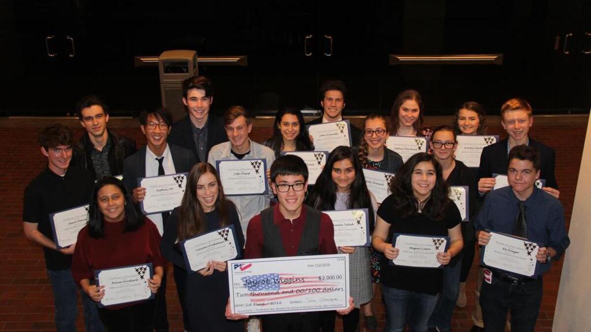 Pictured above are 19 of the winners of the American Heritage Essay Writing Contest. In the middle is Jaycob Wiggins, who won the top prize. Those who also won cash awards include (not in order): Lauren Arakelian, Gregori High; Eli Frazer, Whitmore Charter; Michael Doll, Gregori; Shireen Talieh, Gregori; Sofia DeAngelis, Gregori; John Nunnally, Beyer; Nathan Oh, Gregori; Jaxon Reeves, Gregori; Megan Colon, Whitmore Charter; Josh Oberst, Gregori; Sophia Potochnik, Beyer; Elizabeth Wixom, Connecting Waters; Renee Woodard, Gregori; Kendra Barton, Big Valley Christian, and Roman Heath, Gregori.