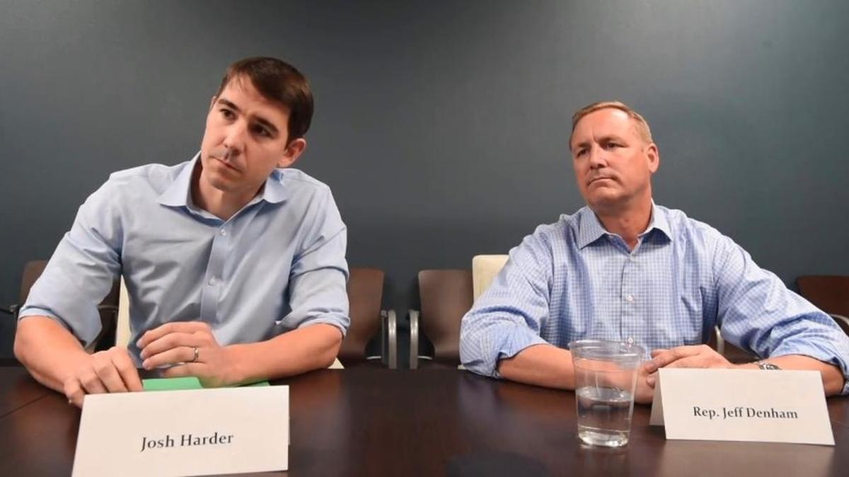Democratic challenger Josh Harder, left, and Republican Rep. Jeff Denham, speaking to The Modesto Bee editorial board on Sept. 22.