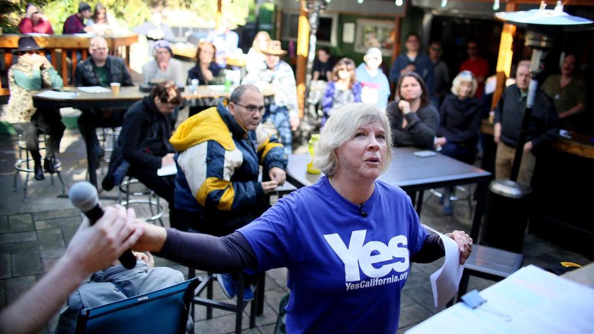 Karen Sherman of Yes California leads a meeting in San Diego. The secession movement has until July 25 to collect enough signatures to qualify for the ballot.