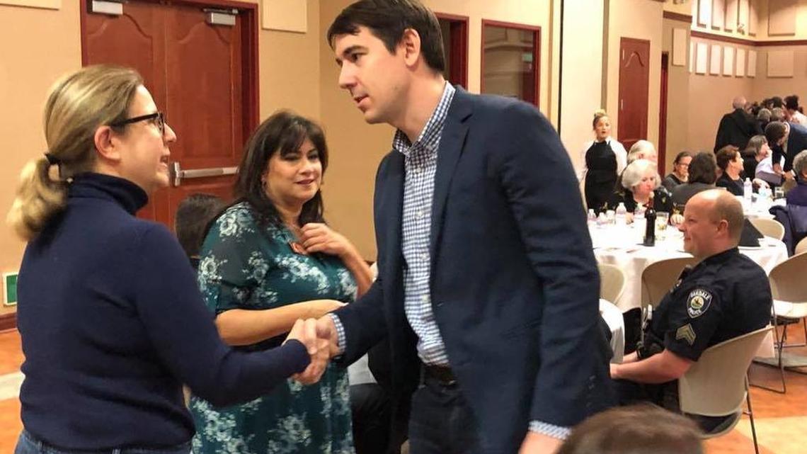 Rep. Josh Harder greets a constituent during his listening tour over the Martin Luther King Jr. holiday weekend.