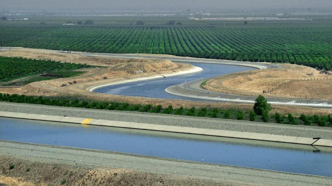 Portions of the Central Valley Project and State Water Project aqueducts, near Patterson, flow south from the Delta to water users in the San Joaquin Valley and Southern California.