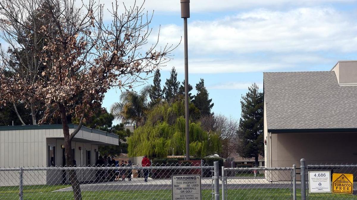 A cellular phone tower before its removal from Weston Elementary School in Ripon, Calif.