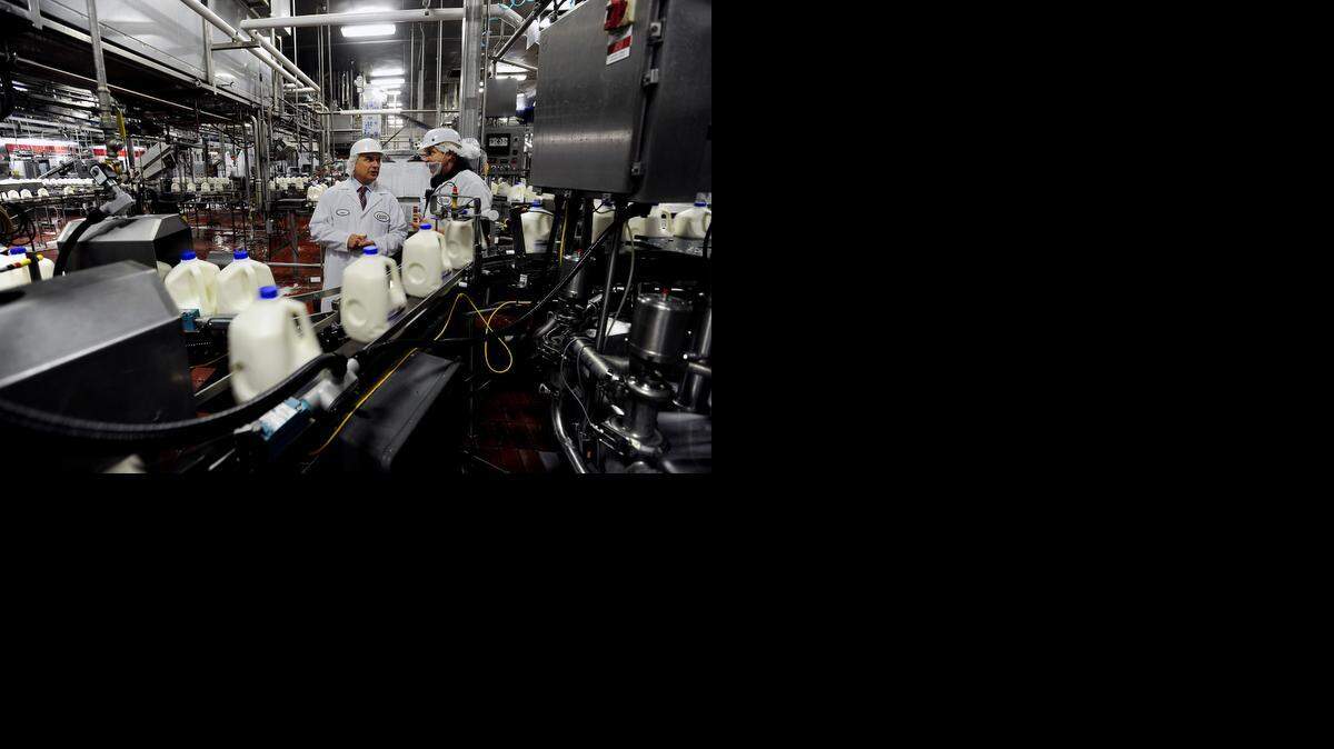 
Workers at Crystal Creamery, now part of Foster Farms Dairy, discuss the work at their plant on Kansas Avenue in Modesto in 2012.
