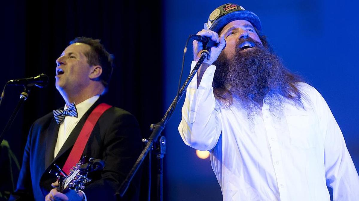 Chris Murphy, left, and Mike Allsup perform during the Modesto Area Music Awards at the State Theatre in Modesto, Calif., in 2017.
