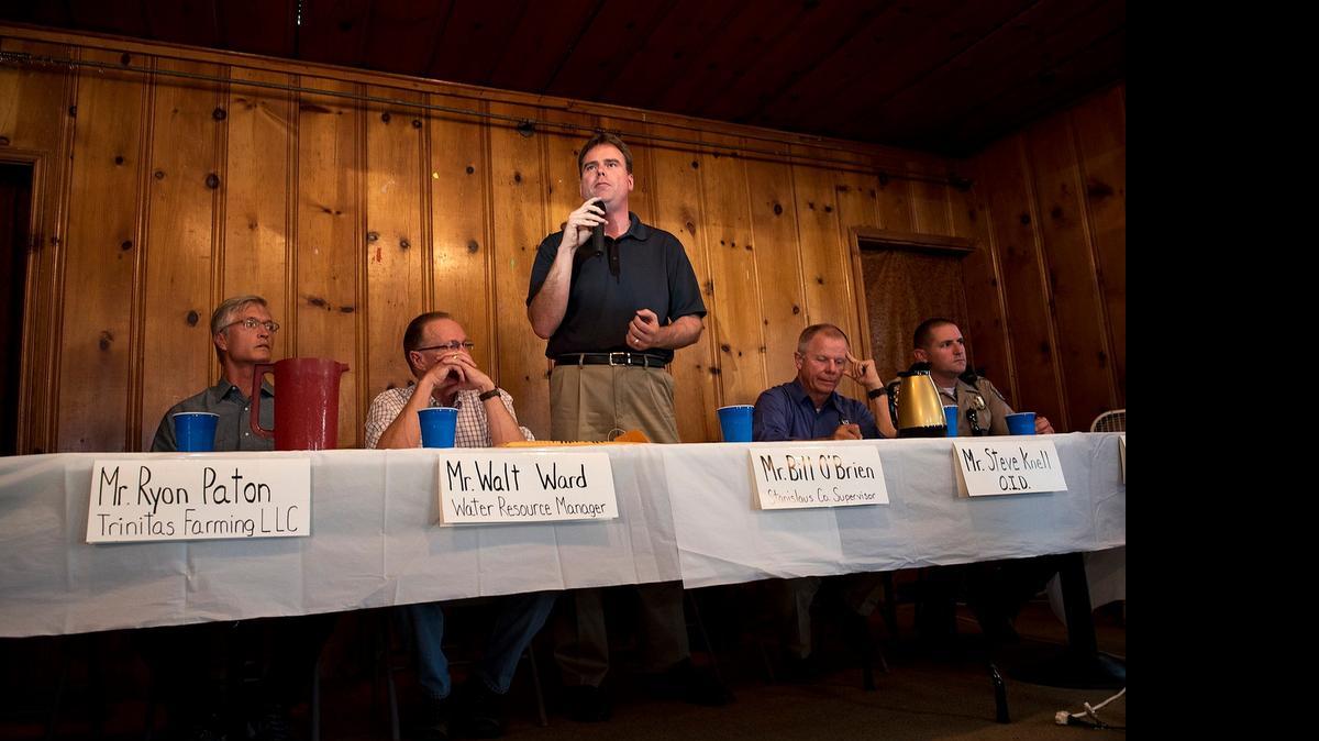 
Stanislaus County Supervisor Bill O’Brien speaks during a community meeting in Knights Ferry on Thursday.
