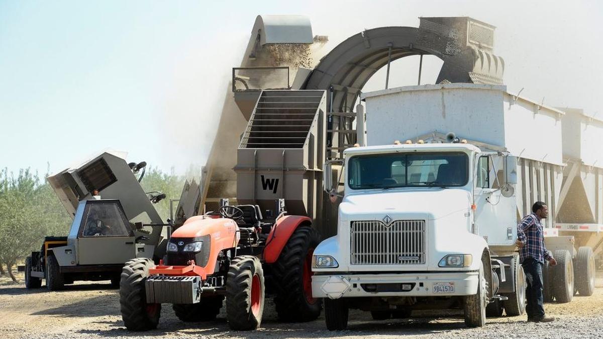 Almonds grown on an eastern Stanislaus farm are being loaded into a truck for transport.