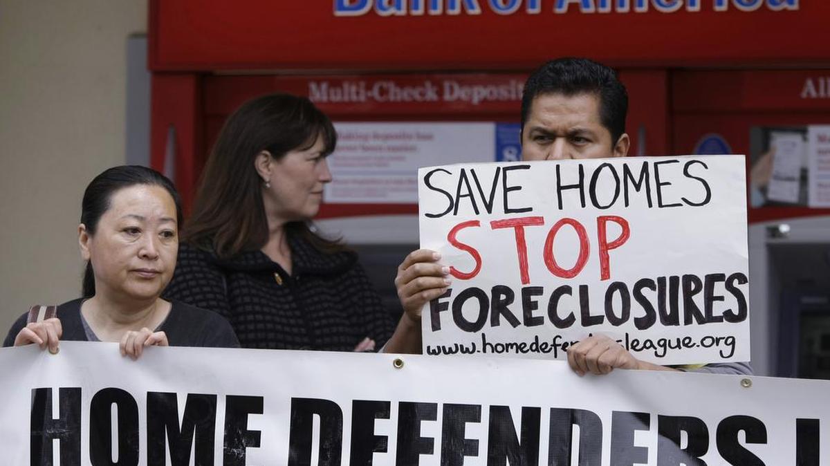 Members of the Home Defenders League rally in front of a Bank of America branch in San Jose in 2011 during the foreclosure crisis.