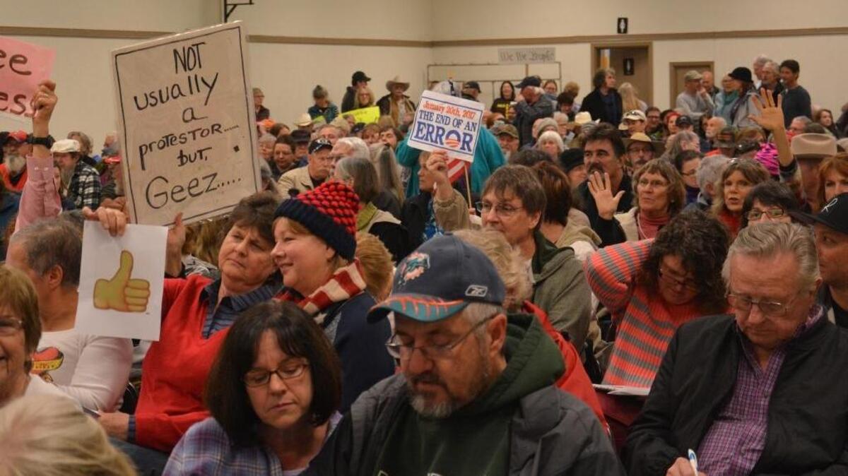 A crowd of more than 300, many angry, waited to speak to Rep. Tom McClintock in Mariposa in February; more than 600 came out in Sonora and another 450 in Roseville.