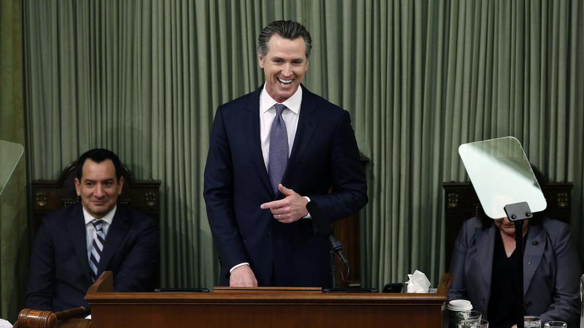 Gov. Gavin Newsom delivers his first state of the state address to a joint session of the legislature on Tuesday.
