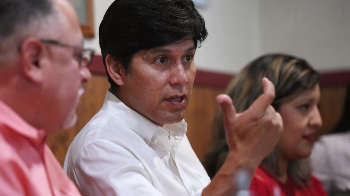 Kevin de León, running for U.S. Senate, meets with people for breakfast at McCoy’s Coffee Shop in Sanger.