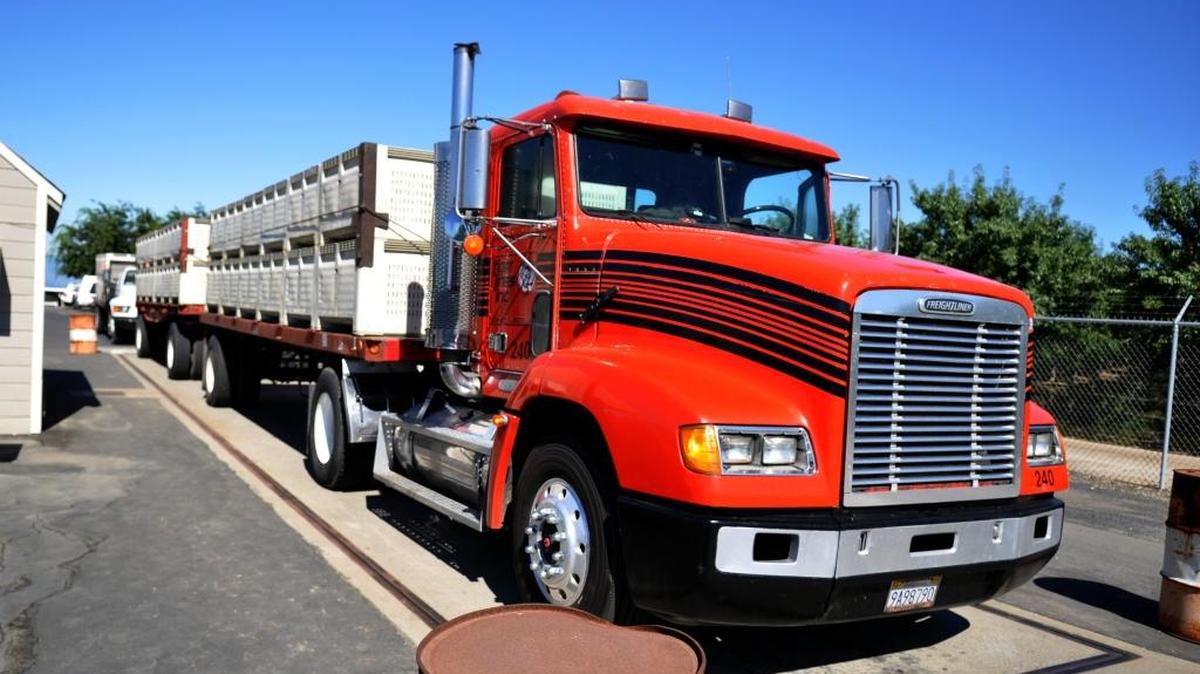 A truck delivers peaches to Ceres. Agriculture relies on trucking in the Central Valley.