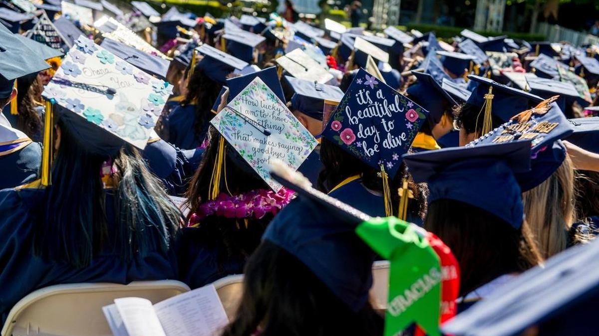 Mortarboards containing decorations and messages were worn by graduates during the UC Merced graduation ceremony during the weekend of May 11-13. Turlock native Lenny Mendonca was among the commencement speakers.
