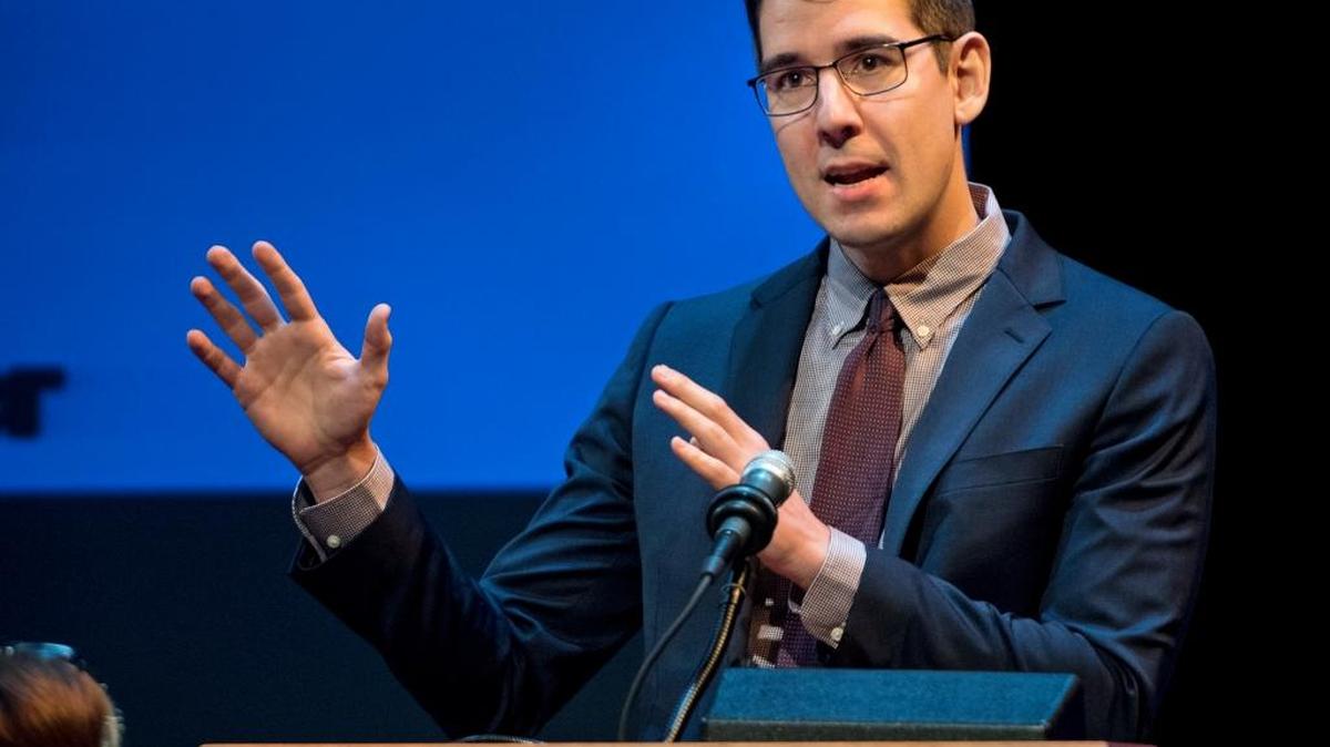 Candidate Josh Harder speaks during a U.S. Congressional District 10 Democratic Party candidate debate at the Gallo Center for the Arts in Modesto in January 2018.