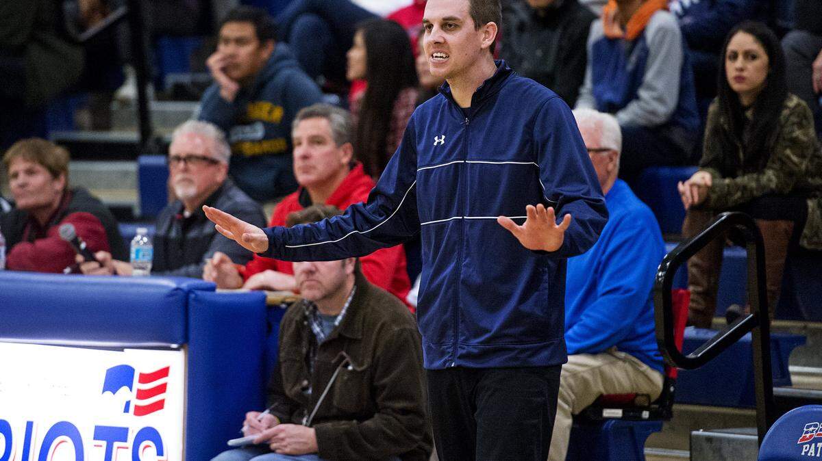 Beyer coach Kyle McKim directs his defense during the Sac-Joaquin Section Division II playoff game with Patterson at Beyer High School in Modesto, Calif., on Wednesday, Feb. 22, 2017.