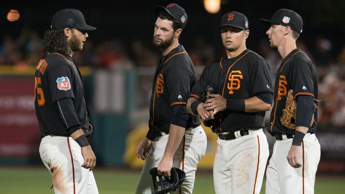 San Francisco infielders, from left, Brandon Crawford, Brandon Belt, Joe Panik and Matt Duffy are all products of the Giants’ farm system. The homegrown infield is the franchise’s first of its kind since 1993. “It’s like a close-knit family out there,” Belt said.
