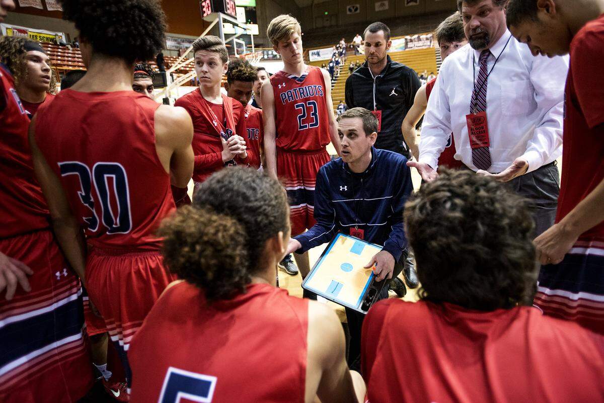 Beyer coach Kyle McKim talks with his team during a third quarter timeout in the Sac-Joaquin Section Division II semifinal game with Burbank at the University of the Pacific in Stockton, Calif., on Wednesday, March. 1, 2017.