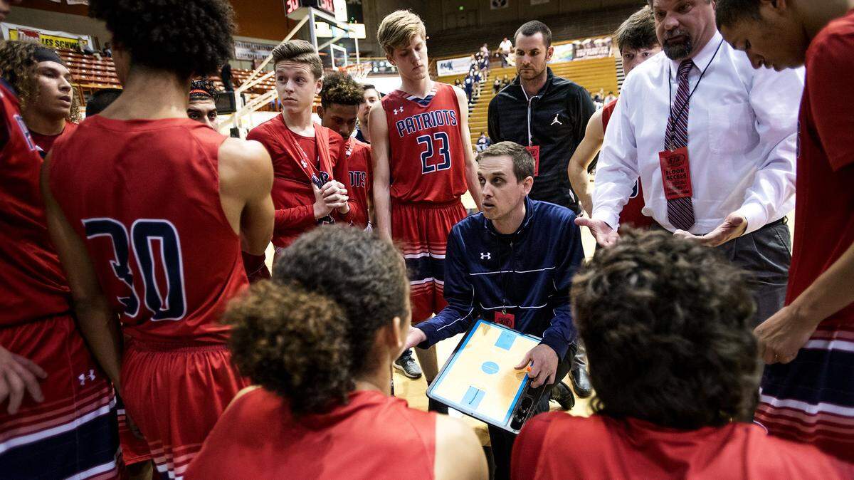 Beyer coach Kyle McKim talks with his team during a third quarter timeout in the Sac-Joaquin Section Division II semifinal game with Burbank at the University of the Pacific in Stockton, Calif., on Wednesday, March. 1, 2017.