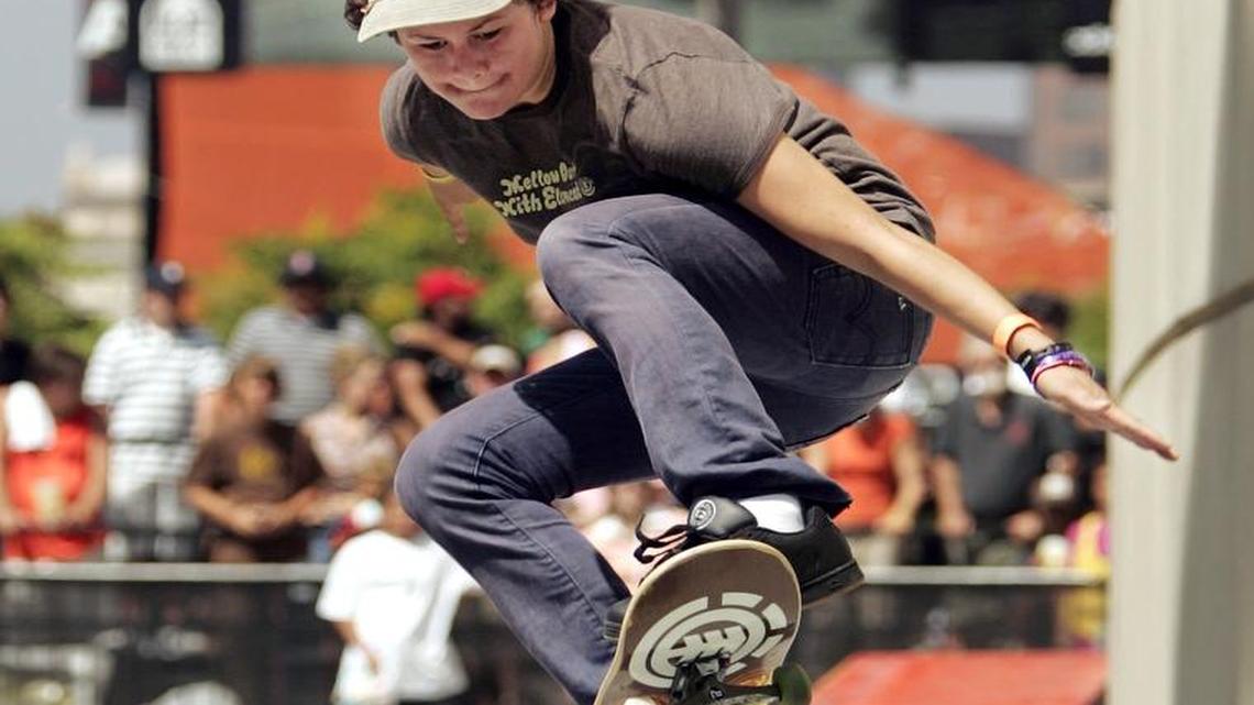 
Vanessa Torres of Modesto performs her routine during the Women’s Skateboard Street finals at the X Games in Los Angeles , in 2004. Torres finished second.
