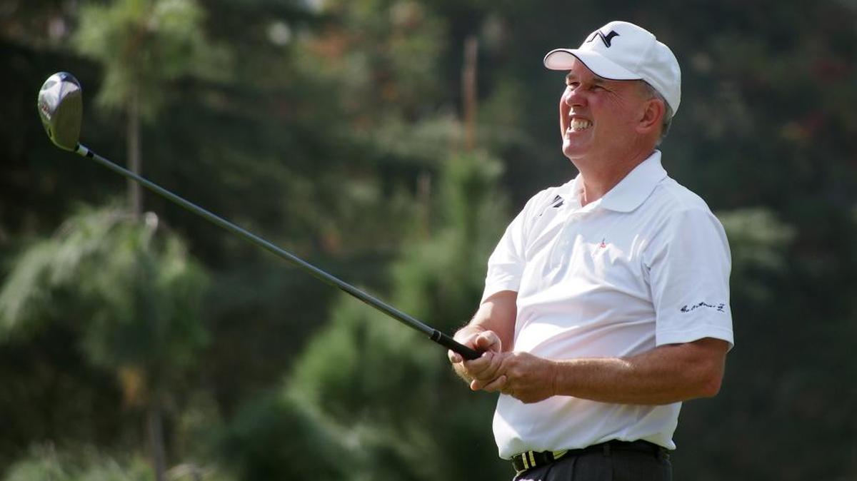 Jeff Burda, watches his tee shot from the 9th hole in the final rounds of the California State Senior Open Championship at Del Rio Country Club on Nov. 14, 2012.