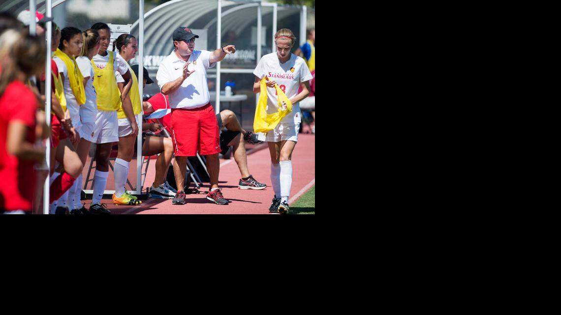 
Cal State Stanislaus omen's soccer coach Gabe Bolton, seen here during a game in September, has led his Warriors into the NCAA Division II Tournament Sweet 16 round.

