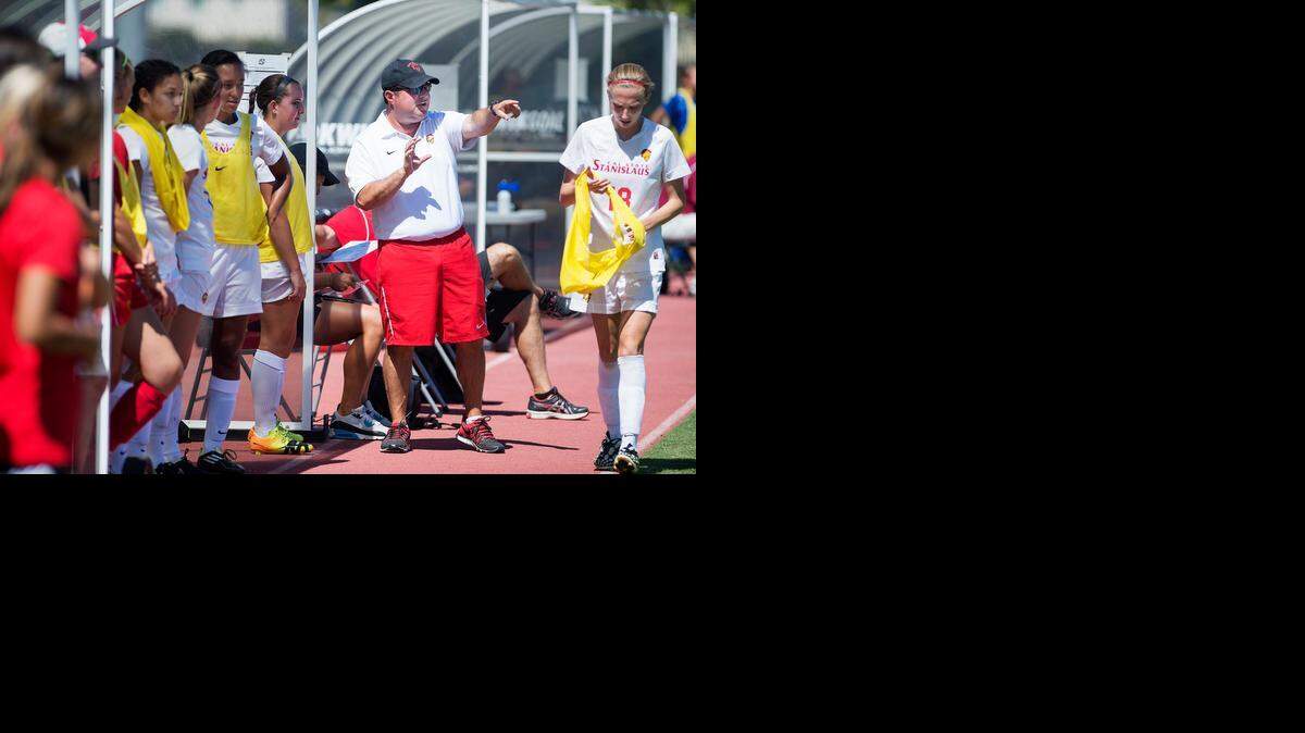 
Cal State Stanislaus omen's soccer coach Gabe Bolton, seen here during a game in September, has led his Warriors into the NCAA Division II Tournament Sweet 16 round.
