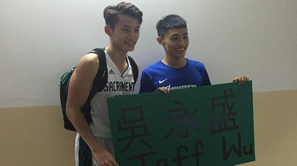 Sacramento State’s Jeff Wu, left, poses for a photo in Taiwan. Wu is from Taipei City, where the Hornets are playing in a tournament.