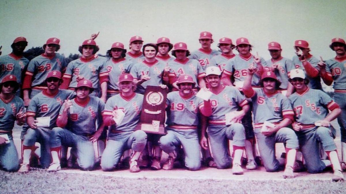 The Stanislaus State College baseball team is pictured in 1976 after the Warriors won the NCAA Division III championship.