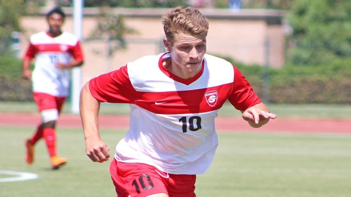 
Stanislaus State forward Daniel Kuczynski finished with an assist in the Warriors’ 3-2 season-opening victory over the Academy of Art on Thursday, Sept. 3, 2015, at Warrior Stadium. 
