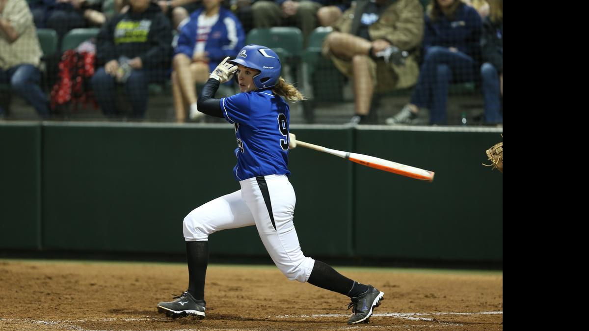 
Nicole Nobbe, a Beyer High School graduate, swings away for California State San Bernardino, in a game against Cal Baptist University.
