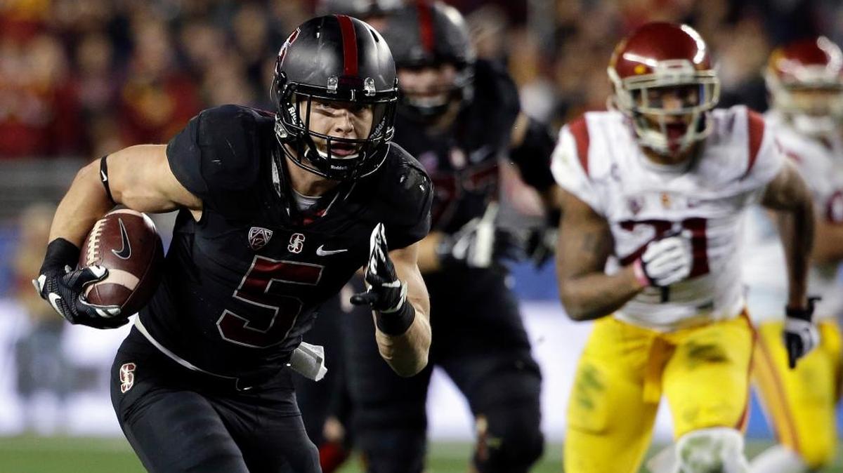 Stanford running back Christian McCaffrey (5) heads for the end zone for a touchdown on a 28-yard pass during the second half of the Pacific-12 Conference championship game Saturday, Dec. 5, 2015, in Santa Clara. Stanford won 41-22.