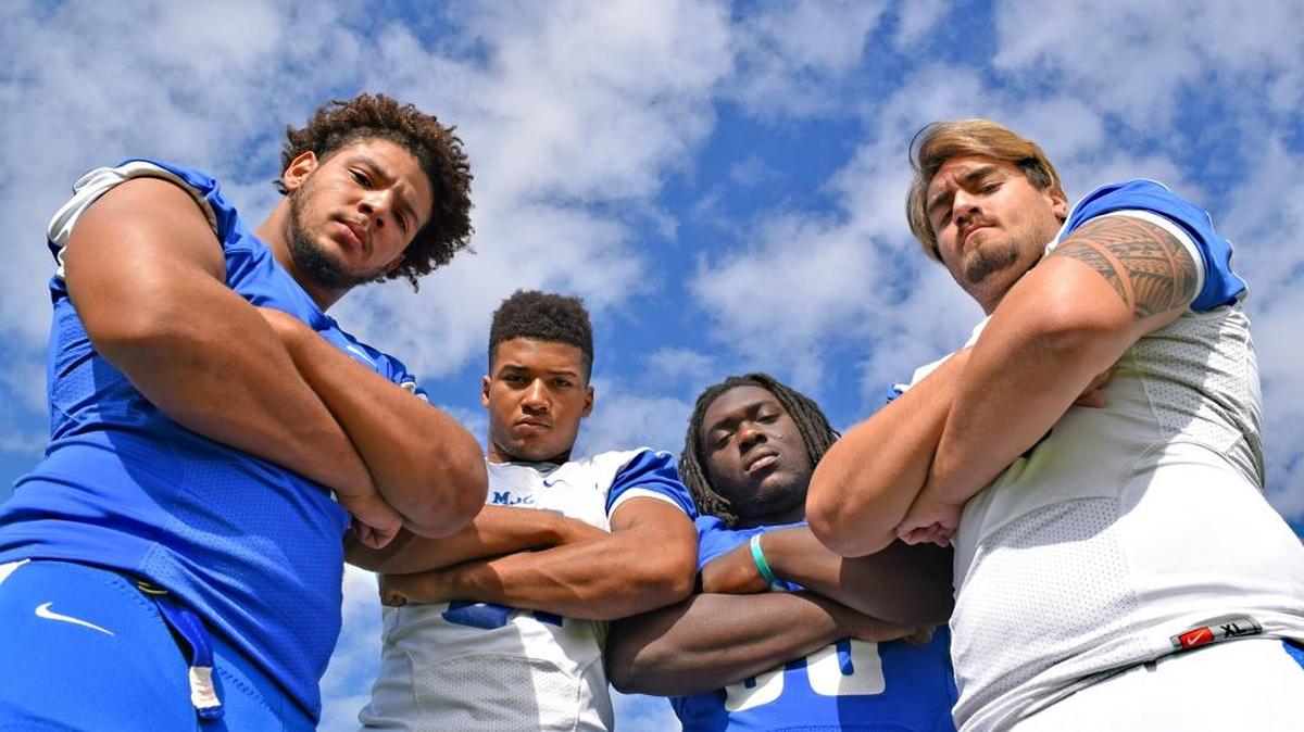 Modesto Junior College has turned its football season around and are 3-3 heading into Saturday night's game against Fresno City at MJC stadium. The defense, led by from left to right- defensive end Mustafa Johnson (34), linebacker Robby Huddleston (31), nose tackle Rob Luckett (95) and linebacker Kekupa'a Freehauf (40), has been the reason behind the resurgence.
