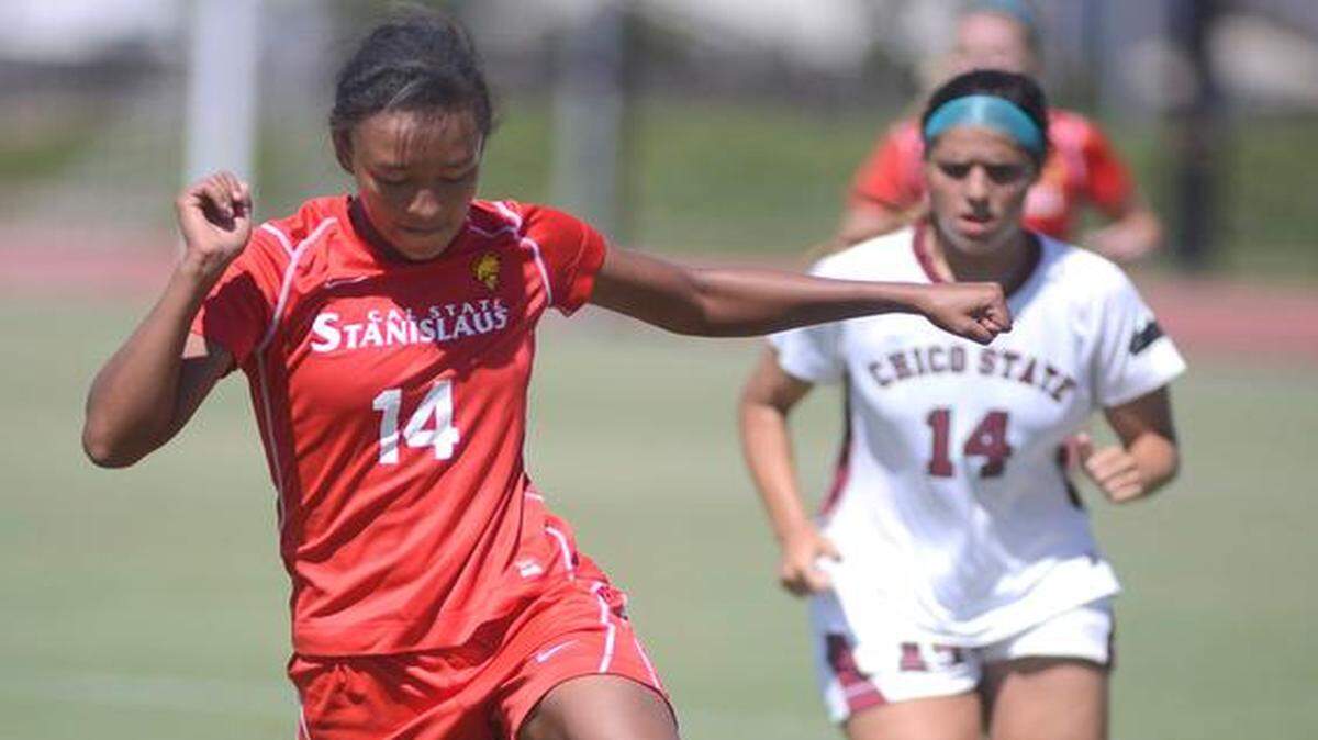 
Maryssa McDuffy, a Gregori High graduate seen here in a game last year, converted one of three penalty kicks for Cal State Stanislaus in their loss on Sunday, Nov. 23, 2014, to Colorado School of Mines in Golden. Colo. 

