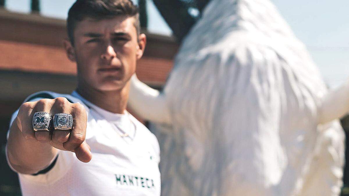Manteca High senior quarterback Gino Campiotti closed his career with back-to-back Sac-Joaquin Section championships, including a 34-17 victory over Oakdale in the Division III final last fall. Campiotti's brilliant postseason concluded with a commitment to Northern Arizona University.