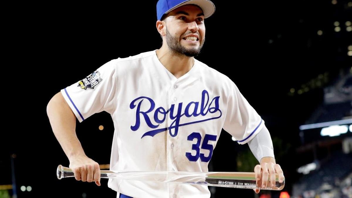 Eric Hosmer, of the Kansas City Royals, holds the MVP award after the MLB baseball All-Star Game, Tuesday, July 12, 2016, in San Diego. Hosmer had two hits, including a home run, and had two RBIs.