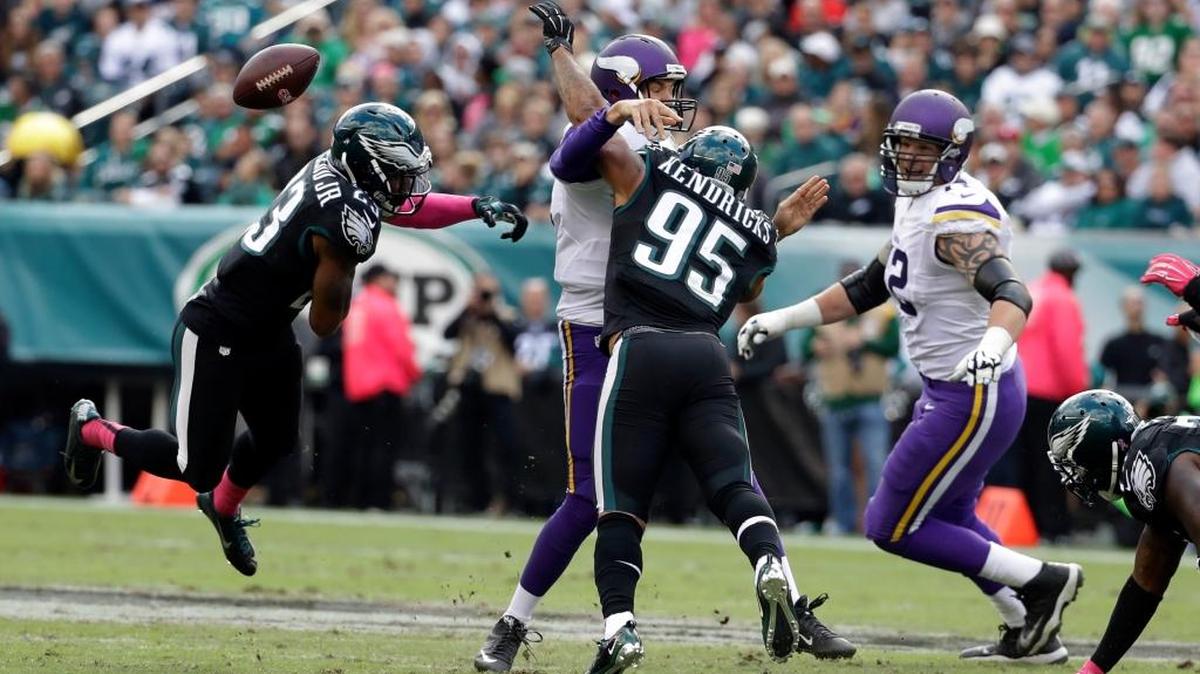 Minnesota Vikings quarterback Sam Bradford, center, fumbles the ball as the Philadelphia Eagles’ Mychal Kendricks, right, and Rodney McLeod converge during the first half of an NFL football game, Sunday, Oct. 23, 2016, in Philadelphia. The Vikings lost for the first time, and Bradford had his worst game as a Viking.