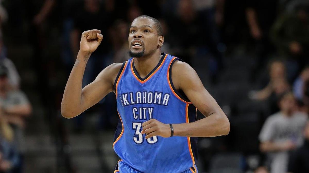 Oklahoma City Thunder forward Kevin Durant (35) celebrates after scoring against the San Antonio Spurs during the second half in Game 2 of a second-round NBA playoff series on May 2, 2016, in San Antonio. Oklahoma City won 98-97.
