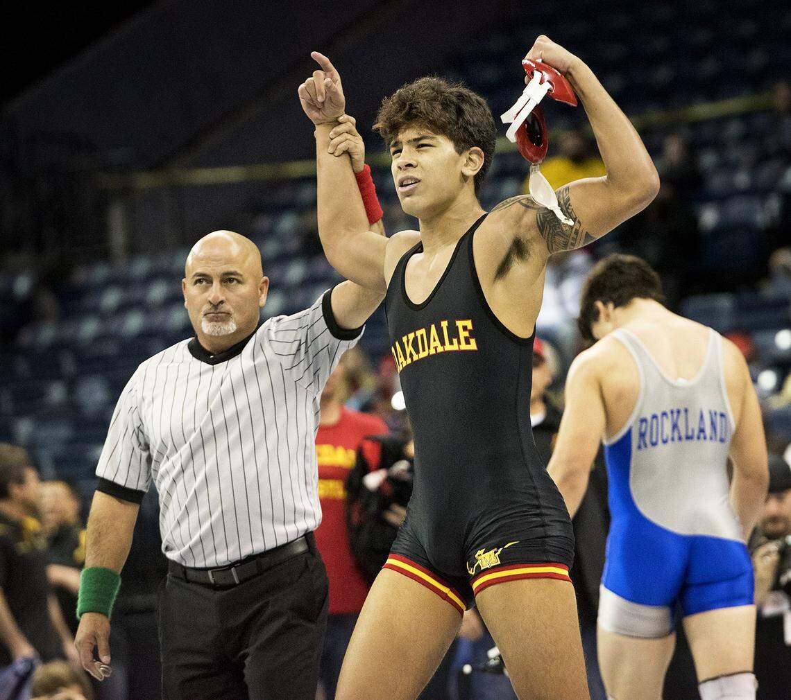 Oakdale’s Gabe Martinez defeated Rockland’s Hunter Gonzalez for the 170-pound title at the Sac-Joaquin Section Masters Meet at Stockton Arena in Stockton, Calif., on Saturday, Feb. 24, 2018.