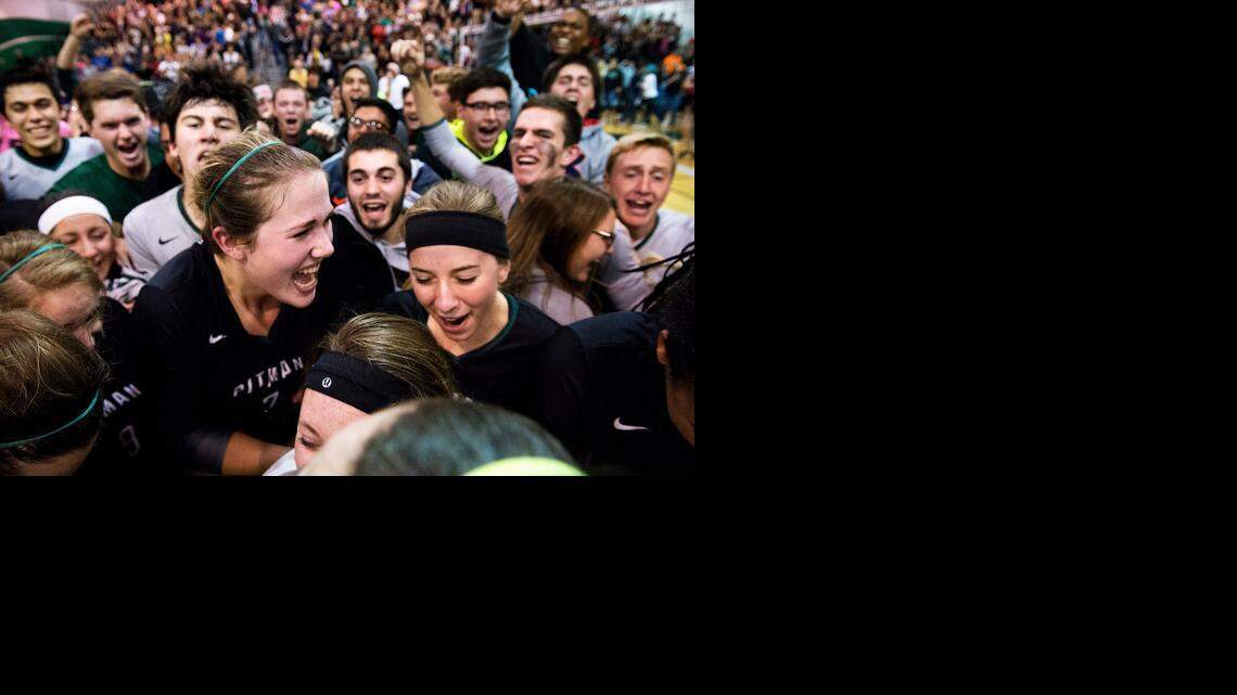
Pitman players, including Lindsey Vander Weide (7), Madison King (10) and students celebrate their victory over Menlo-Atherthon in the NorCal Division I title game at Pitman High School in Turlock, Calif., on Tuesday, Dec. 2, 2014.
