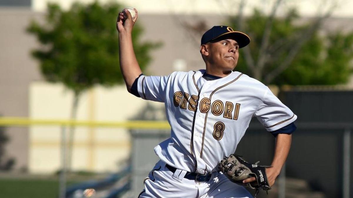 Gregori High's Julian Favela (8) pitches in a game against Beyer High on Monday afternoon (03-27-17) at Gregori High School in Modesto, Calif. Gregori won the first of a three game series, defeating defending champion Beyer 6-2. Favela earned the win, striking out 10 in six-plus innings.