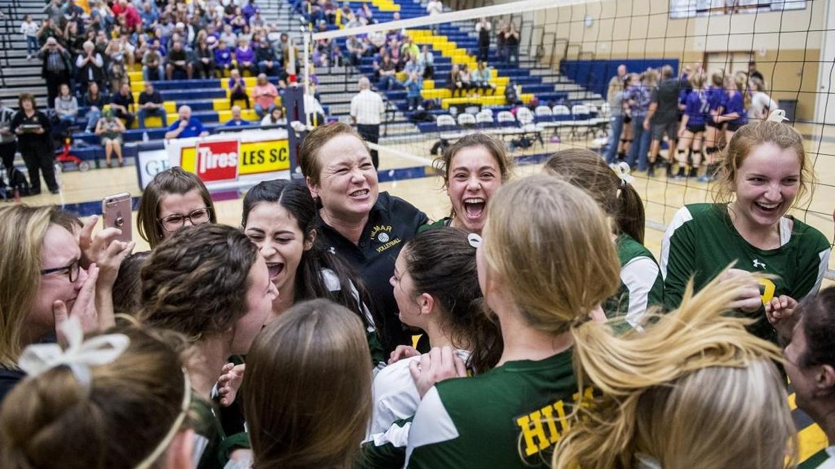The Hilmar Yellowjackets celebrate a 3-0 win over Bret Harte during the Sac-Joaquin Section Division IV Championship match at Gregori High School in Modesto, Calif., on Saturday, Nov. 11, 2017.