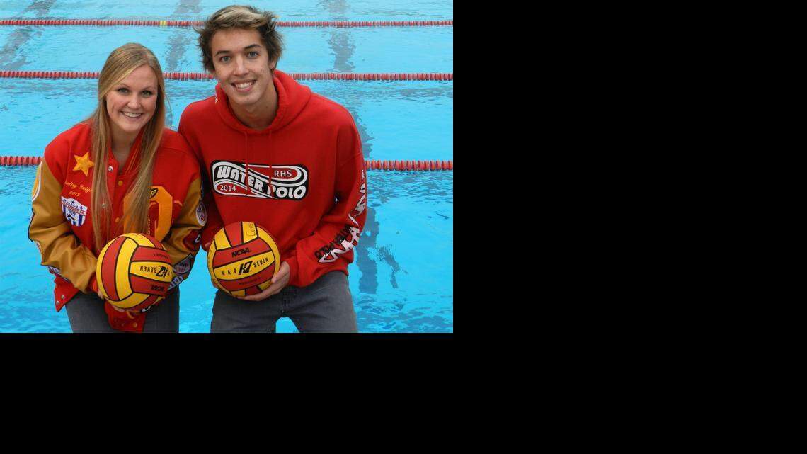 
Shelby Stender of Oakdale High School and Zach Scudder of Ripon High School are pictured on Jan. 14 in Ripon. The two are the Stanislaus District Players of the Year for water polo. 
