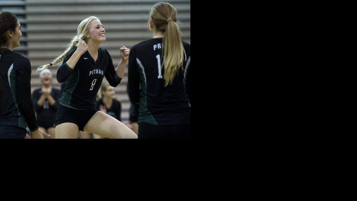 
Pitman setter Maddy Halteman celebrates with her teammates during the Sac-Joaquin Section Division I semifinal Tuesday.
