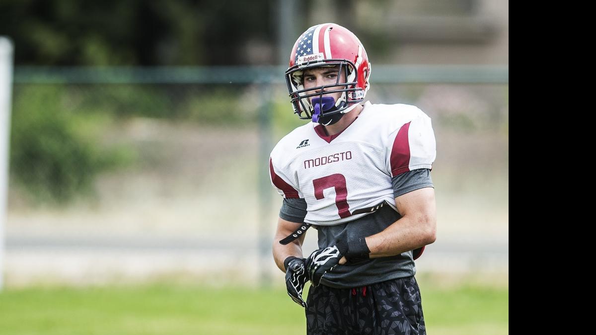 
South All-Star Nate Phillips of Modesto looks on during practice for the Lions All-Star Football Game at California State University, Stanislaus, in Turlock on Tuesday.
