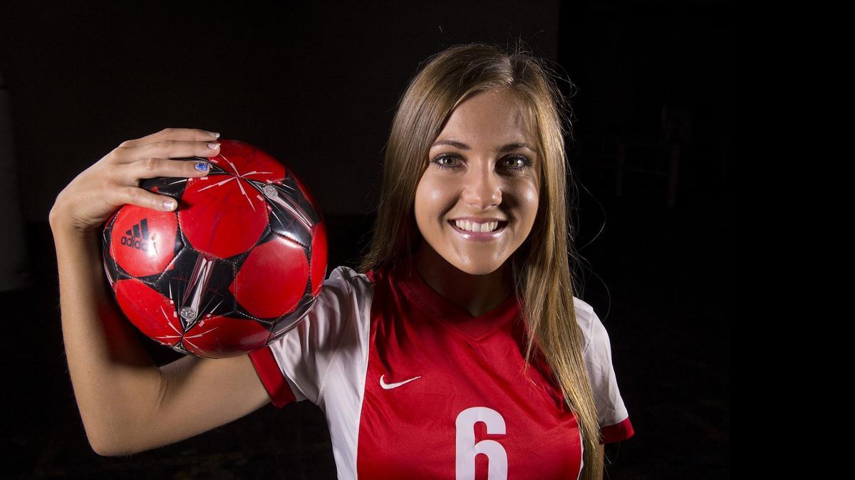 
Ashley Arnett, of Oakdale High School is the girls soccer player of the year. She is pictured at The Modesto Bee on Wednesday afternoon (06-10-15). 
