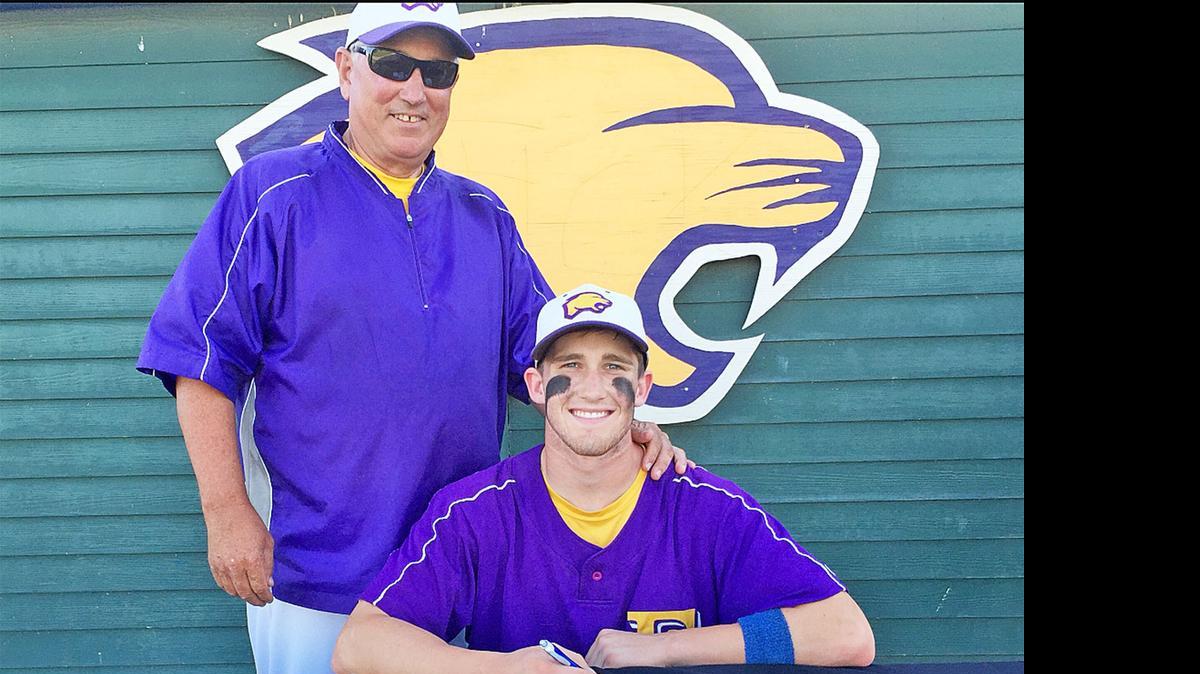 
Escalon two-sport athlete Brandon Grogan (right) recently signed with California Lutheran University, where he’ll play baseball for the Kingsmen. Here, Grogan is shown pledging his commitment to attend the Division III university in Thousand Oaks, Calif. 
