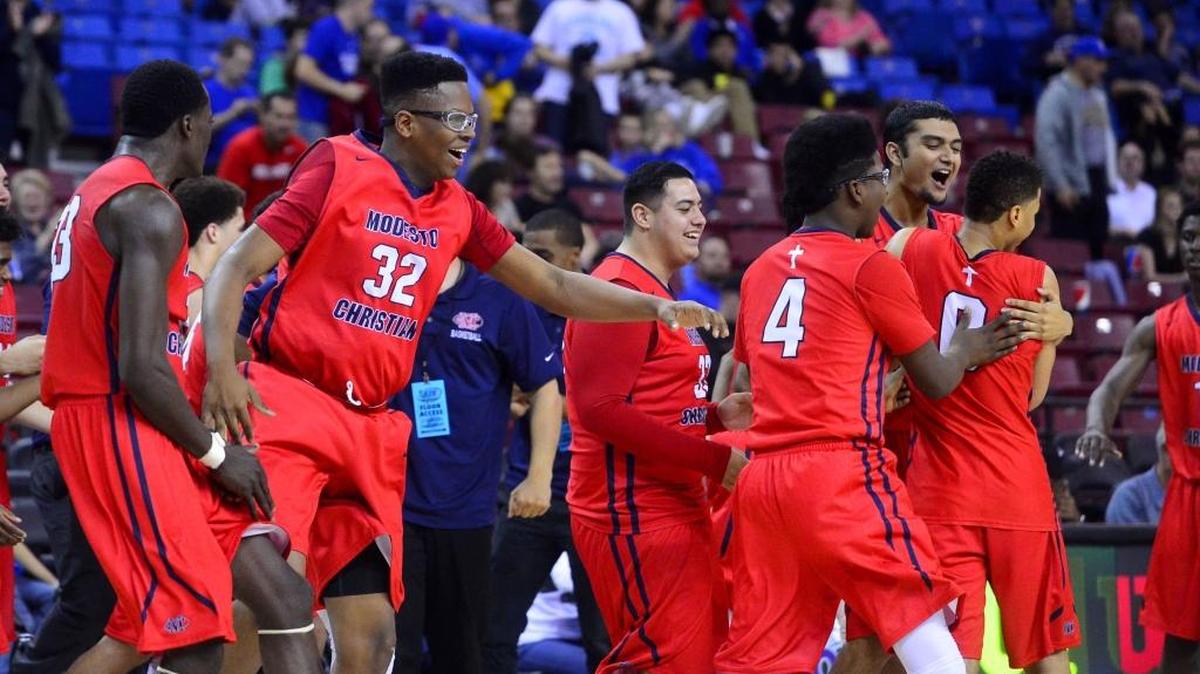 Modesto Christian celebrates after beating 61-45 to win the San Joaquin Section Division I title the at Sleep Train Arena in Sacramento California on March 5, 2016.