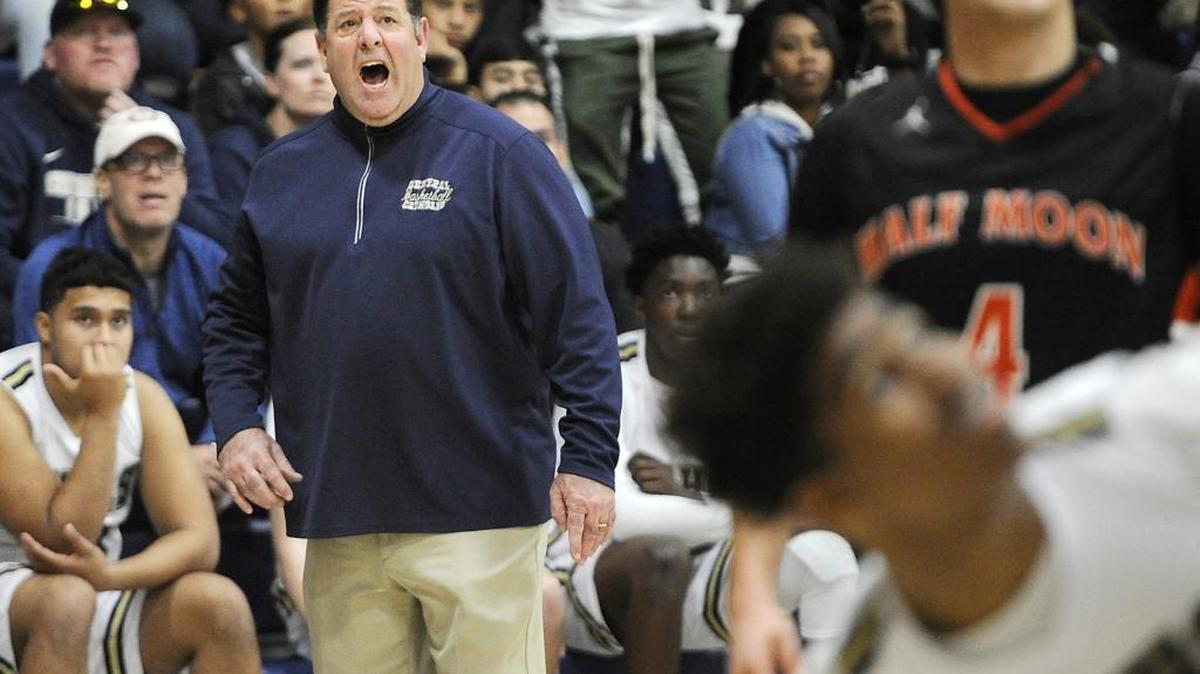 Central Catholic coach Mike Wilson reacts to the offensive play during the second round CIF State Northern California Division III tournament game with Half Moon Bay at Central Catholic High School in Modesto, Calif., on Saturday, March 10, 2018.
